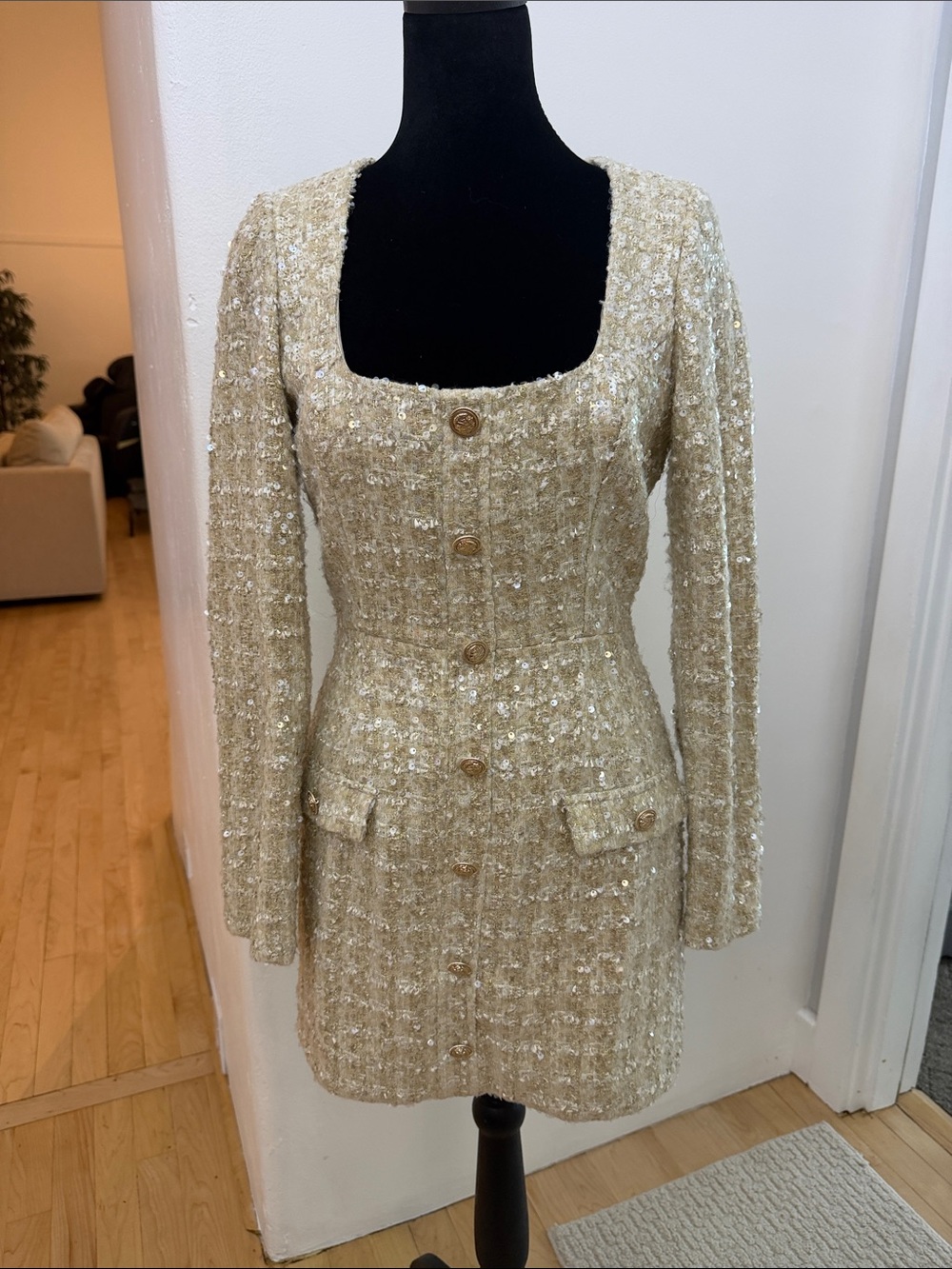 Gianni Bini Ivory Sequin Tweed Button-Front Long Sleeve Mini Dress